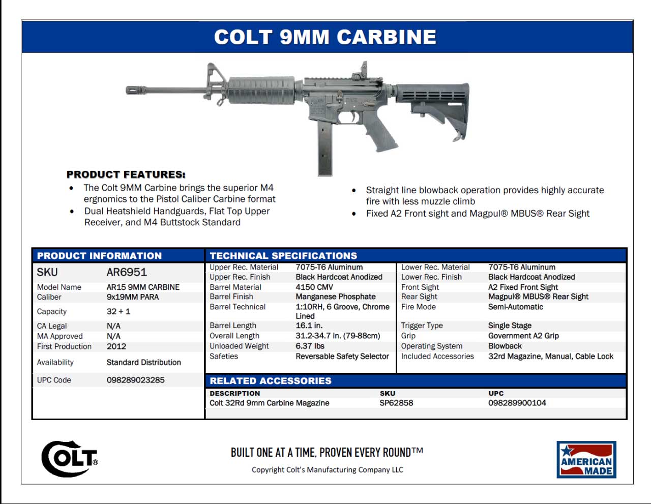 Colt 9mm Carbine AR6951 9mm AR 15